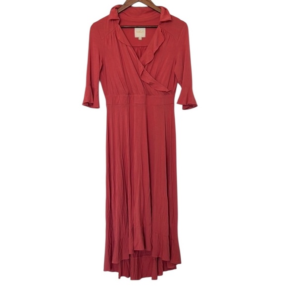 ModCloth A-Line Midi Dress Coral Ruffle V-Neck 3/4 Sleeve Women’s Size Large - Picture 1 of 4